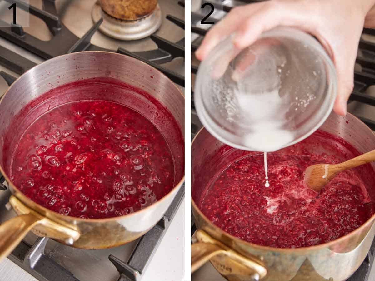 Raspberries cooking in a saucepan