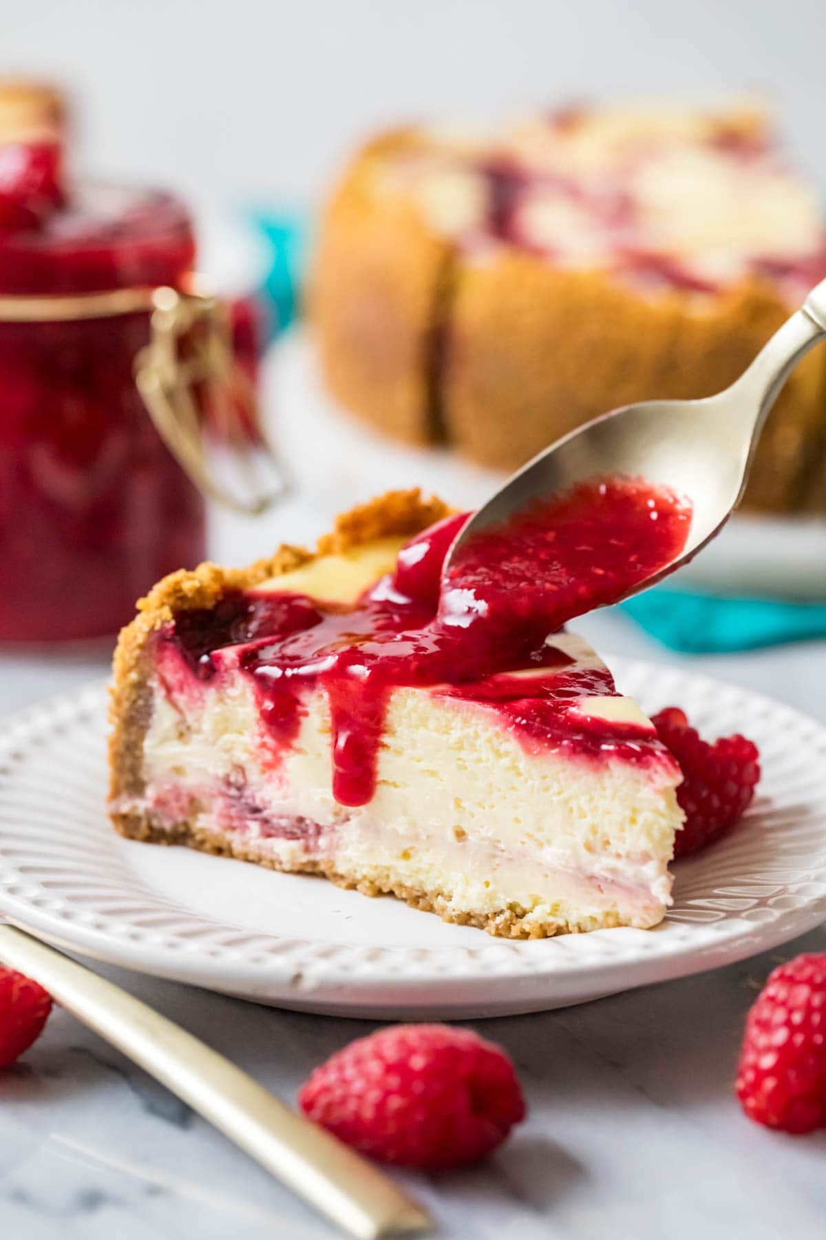 Finished raspberry sauce on Cheesecake